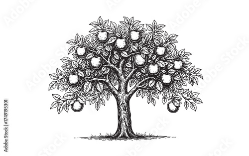 Apple Tree, Orchard Tree Laden with Ripe Apples and Foliage