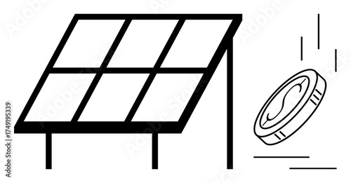 Solar panel tilted towards the sun and a falling coin implying cost savings. Ideal for sustainability, renewable energy, financial efficiency, eco-conscious innovation, clean technology