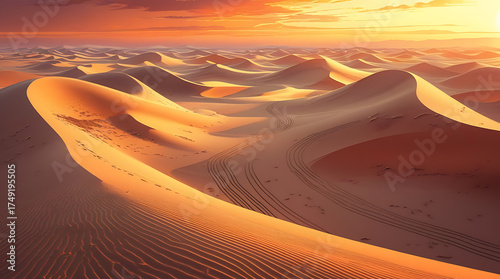 Sunset over golden sand dunes with soft warm light