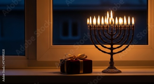 Menorah and Gift Box on a Windowsill at Night (26) image