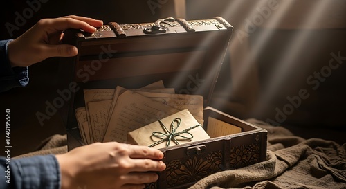 Opening an Antique Wooden Treasure Chest Filled with Letters stock image
