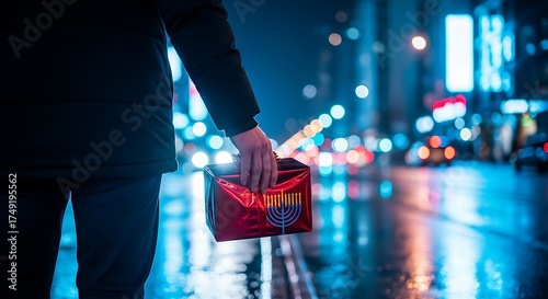 Person Carrying Gift Box With Menorah On Rainy City Street Keywords: person, carrying, gift, box