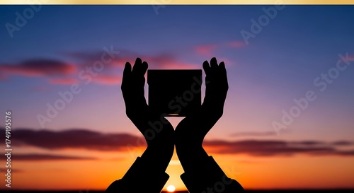Silhouette Hands Holding A Small Box Against A Sunset Sky gift