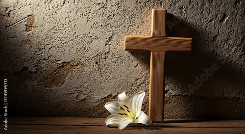 Wooden Cross With White Lily On Textured Wall stock image