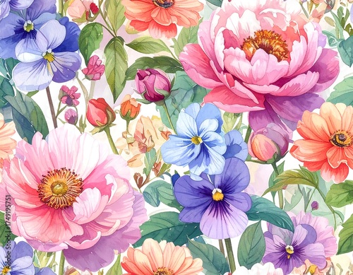 A vibrantly colored floral watercolor pattern featuring various blooming flowers with lush green foliage on a white background