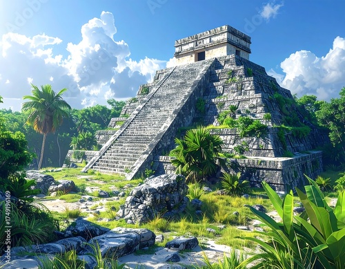 A majestic ancient pyramid rises amidst lush tropical vegetation under a bright blue sky with fluffy clouds. A sunlit historical landmark