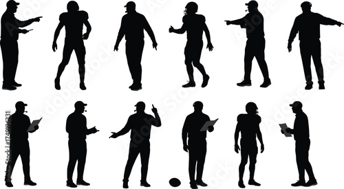 Silhouette of football coach and players communicating on field, teamwork training, leadership strategy, game planning, motivation, sports management, athletic direction