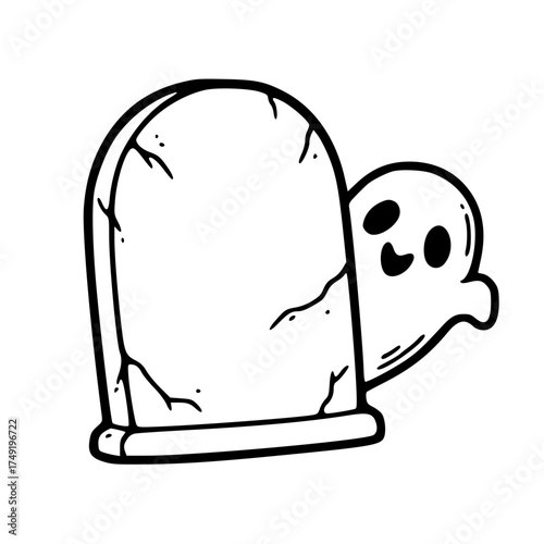 Cute ghost hiding behind tombstone illustration