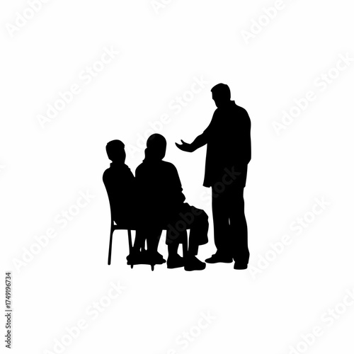 Silhouette of group counselor encouraging participants during session isolated on white background