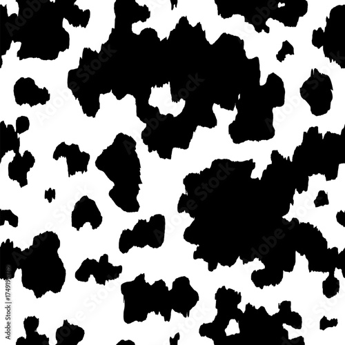 Cow seamless pattern. Vector animal skin print, cute black dalmatian spots on white background. Natural spotted texture for textile, fabric, dairy farm decor, wrapping paper, wallpaper, backdrop.