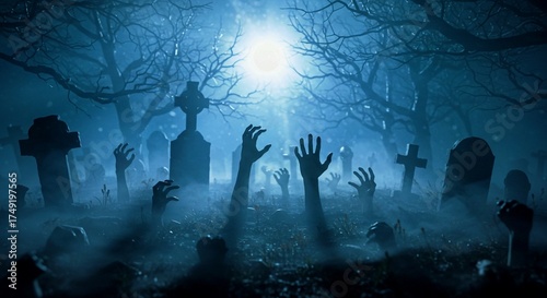 spooky halloween night, Zombie hand reaching out from the ground on dark scene background. Spooky graveyard with fog and eerie atmosphere.