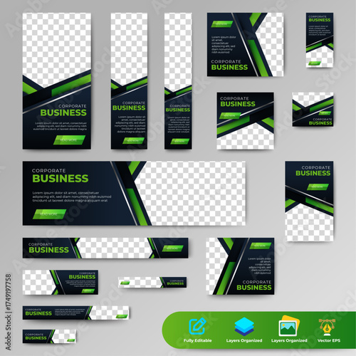 Business web banner set template design with different format sizes. Black and green. vector