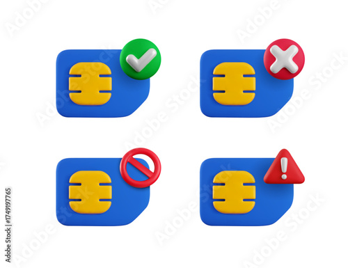 Vector cartoon 3d Sim card icon set. Minimal realistic 3d render accepted, blocked, No simcard sign with prohibited red circle, warning notification sign with exclamation mark. Gsm network collection.