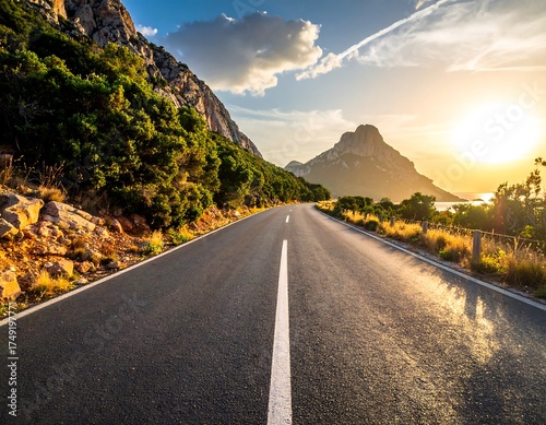 A paved highway stretches through a mountain-lined valley towards a setting sun, reflecting light on the road surface and coastal waters