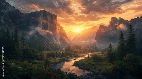 Sunset over mountains with river winding through lush green valley