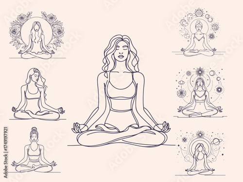 Minimalist Line Art of Woman Meditating in Lotus Pose - Yoga, Mindfulness, and Spiritual Balance Illustration