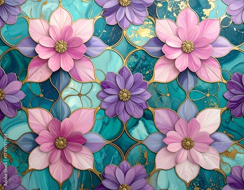 A repeating floral pattern featuring colorful blossoms in pink, purple, and gold. The flowers rest on a teal backdrop, with marble-like texture