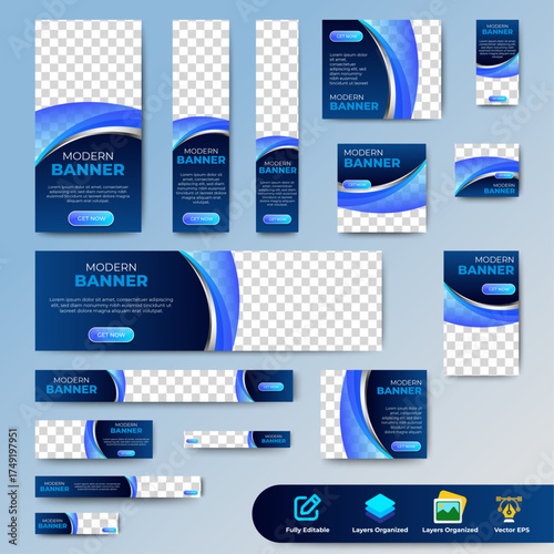 Abstract banner design web template Set, Horizontal header web banner. Modern Gradient Blue cover header background for website design, Social Media Cover ads banner, flyer, invitation card