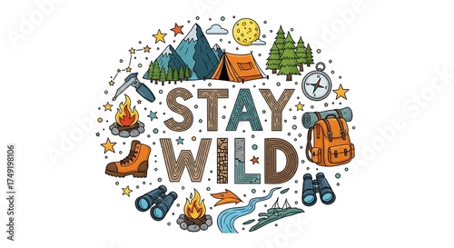 Wallpaper Mural Stay Wild Adventure - A Colorful Camping and Hiking Illustration. Torontodigital.ca