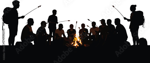 Silhouette of friends sitting around campfire at night, group camping scene, outdoor adventure, bonfire gathering, travel and nature concept