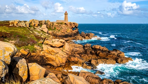 A rugged coastal scene with a stone lighthouse perched on a rocky outcrop, waves crashing against shore. Beautiful blue ocean under a cloudy sky
