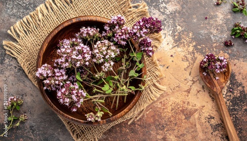 A rustic still life featuring fresh, purple-flowered sprigs of an aromatic herb, displayed in a wooden bowl, with a wooden spoon nearby