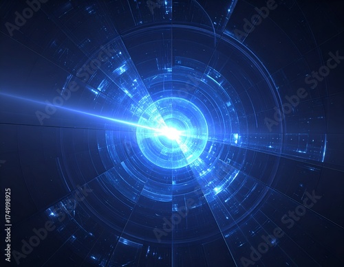 Futuristic, glowing blue circular design with radial beams & central light
