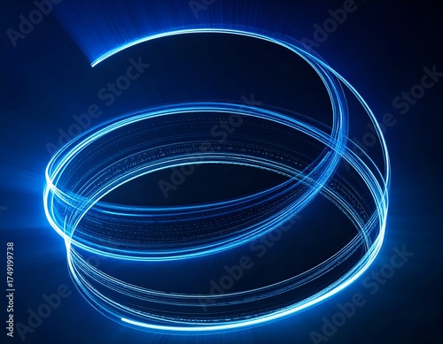 Glowing blue spiral light trail on a dark background, abstract and dynamic