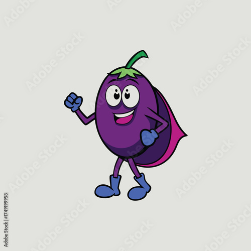 A cartoon eggplant character wearing a cape and mask 1