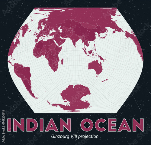 Indian Ocean. World map. Ginzburg VIII projection centered to Indian Ocean. Pale Mint Dark Pink palette. Vintage texture. Trending vector illustration.