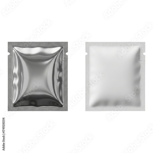 Two square sachets, one silver and one white, isolated on transparent background