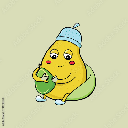 A sleepy cartoon pear wearing a nightcap hugging a green object
