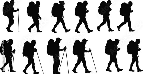Silhouette of hikers walking with backpacks and trekking poles, adventure travel, outdoor exploration, mountain hiking, camping journey, and wilderness exploration.
