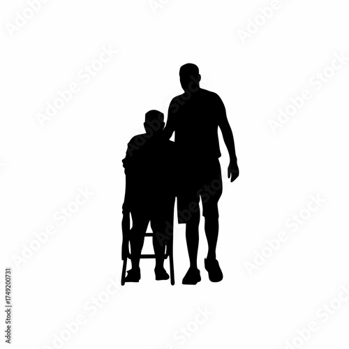 Silhouette of physical therapy assistant helping patient on treadmill isolated on white background