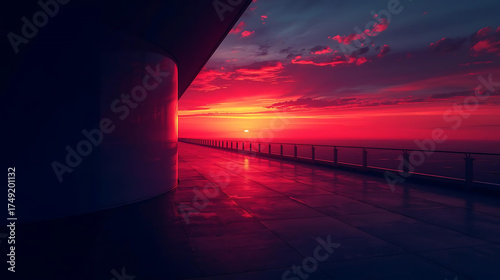 Vibrant red sunset sky mirrored on water beside wooden pier