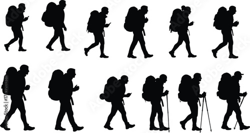 Silhouette of hikers walking with backpacks and trekking poles, outdoor adventure, mountain journey, camping exploration, nature travel, wilderness lifestyle.