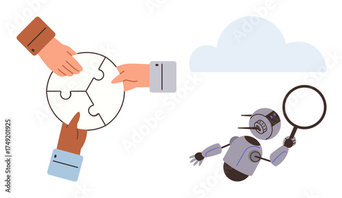 Hands assembling puzzle pieces symbolizing teamwork, robot analyzing with magnifying glass, cloud in background. Ideal for innovation, problem-solving, AI, collaboration, research, cloud computing