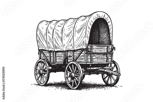 Covered Wagon, a Hand-Drawn Sketch of a Vintage Pioneer or Old West Wooden Cart with a Canvas Top, on a White Background.