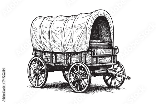 Covered Wagon, a Hand-Drawn Sketch of a Vintage Pioneer or Old West Wooden Cart with a Canvas Top, on a White Background.