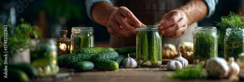 A close-up of hands packing cucumbers into glass jars with dill and garlic on a blurred rustic kitchen background.