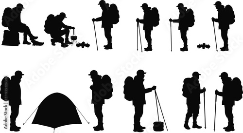 Silhouette of hikers with backpacks and trekking poles, camping tent, outdoor adventure, wilderness exploration, hiking journey, travel lifestyle illustration