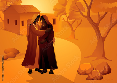 The Visitation, Mary Visits Elizabeth, Biblical Vector Illustration Series.