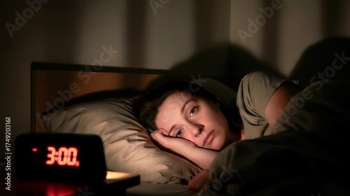 A woman lies awake in bed at night, illuminated by the glow of a digital clock