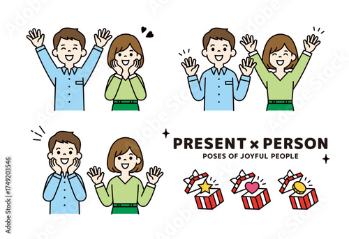 ギフトと、喜んで万歳する若い男性と女性の上半身ベクターイラスト素材セット＿カラー