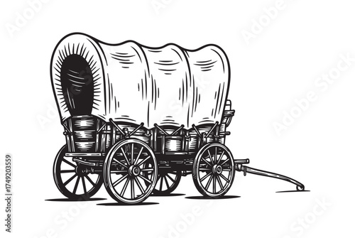 Covered Wagon Wooden Cart with a Canvas Top engraving vector illustration