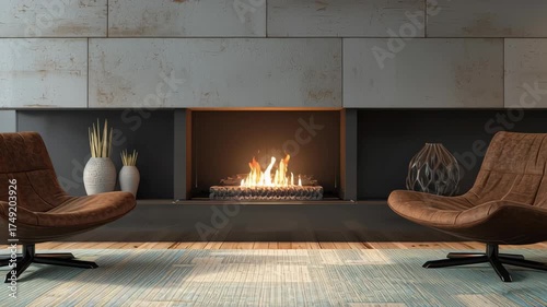 Cozy modern living room with fireplace, leather chair, rug, and warm inviting interior