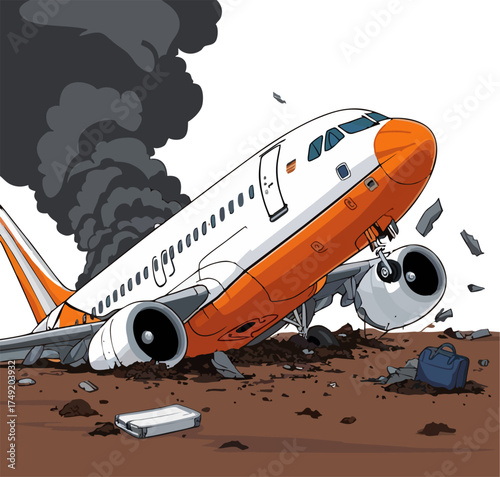 Cartoon Airplane Crash Vector Illustration with Black Smoke, Debris, and Luggage – Dramatic Plane Accident Scene