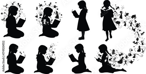 Silhouette of little girls reading magical books surrounded by fantasy elements, fairies, stars, and imagination flow, creative education concept illustration