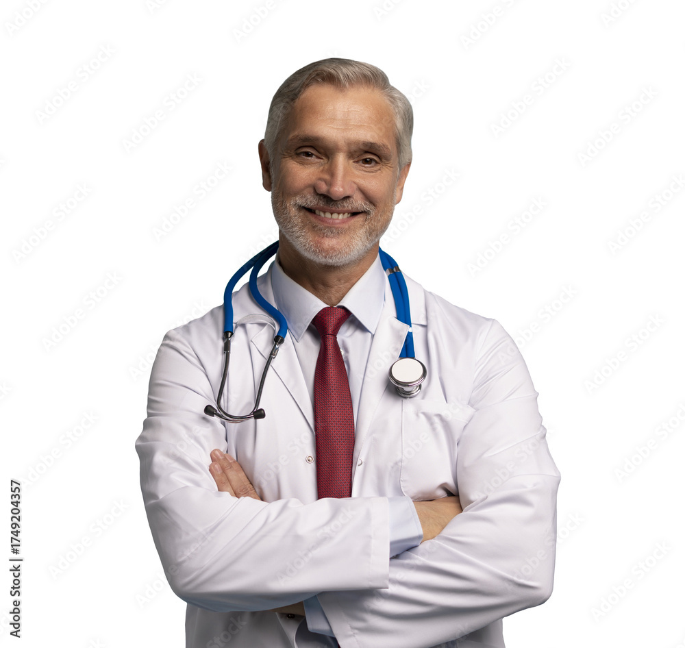 Fototapeta premium Cheerful mature doctor posing and smiling at camera, healthcare and medicine on transarent