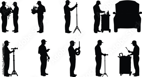 Silhouette of mechanics working with car repair tools, auto technicians using equipment, vehicle maintenance concept illustration for automotive workshop industrySilhouette of mechanics working 